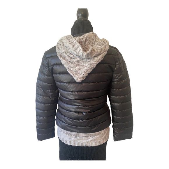 Black Puffer Jacket with Cable Knit Hood - Picture 3 of 8